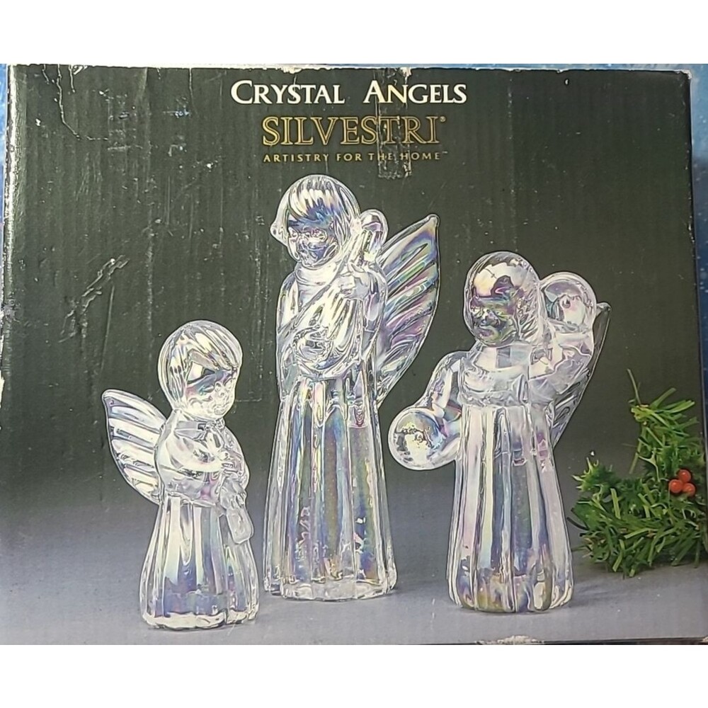 Vintage Silvestri Co. Set of 3 Crystal Angels Playing Instruments, Iridescent
